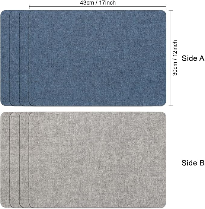 Myir JUN Reversible Vinyl Placemats Set of 4, Faux Leather Place Mats Dual Sided Waterproof Wipeable, Heat-Resistant Table Mats for Kitchen Dining Indoor Outdoor (12" x 17", Light Gray Navy Blue)