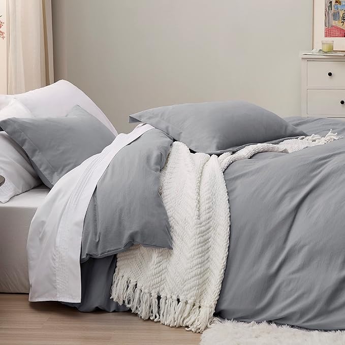Bedsure Grey Duvet Cover King Size - 3 Pieces Prewashed Cotton-Like Extra Soft Bedding Set, Includes 1 Duvet Cover 104x90 Inches with Zipper Closure & 2 Pillow Shams, Comforter Not Included