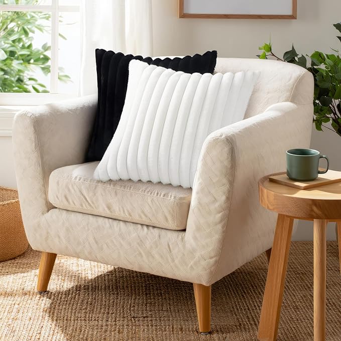 Pallene Faux Fur Plush Lumbar Throw Pillow Covers 12x20 Set of 2, Luxury Soft Fluffy Striped Decorative Pillow Covers for Sofa, Couch, Living Room, Black