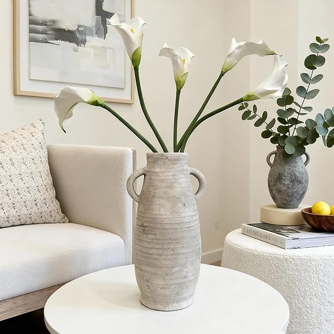 Ceramic Rustic Farmhouse Vase, Distressed Decorative Flower Vase for Home Decor, Ideal Shelf Decor, White Boho Vase for Living Room Bedroom Kitchen Office Decor Centerpiece Table Decorations