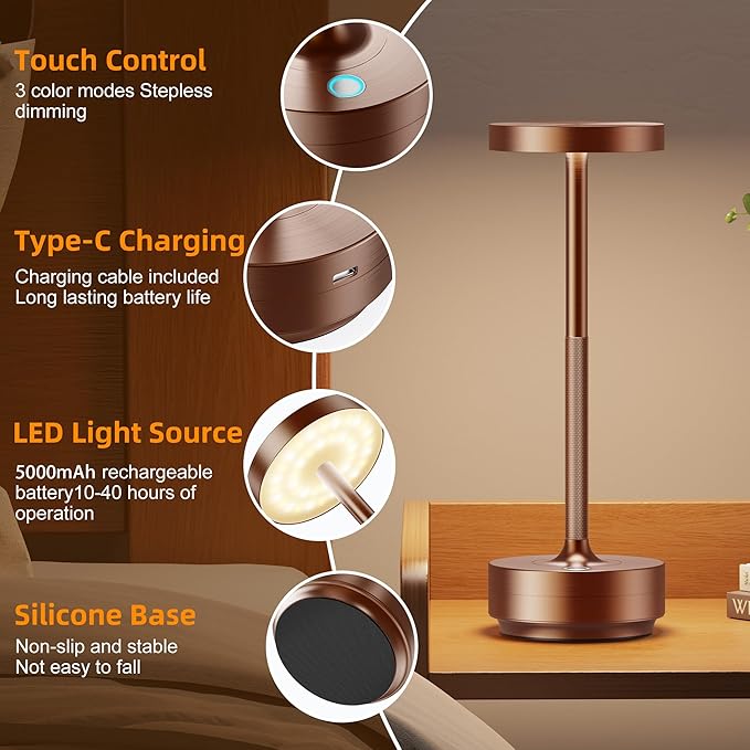 Cordless Table Lamp Rechargeable - Waterproof, Touch 3-Color Lighting Portable LED Table Light for Outdoor,Patio,Restaurant.(Coffee)