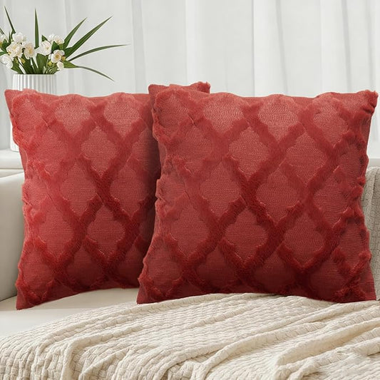 EMMTEEY Boho Pillow Cases 18x18 Inch Set of 2, Striped Embroidered Faux Fur Pillow Covers - Wrinkle Free & Decorative Accent Cushion for Sofa Couch Bed (Burgundy)