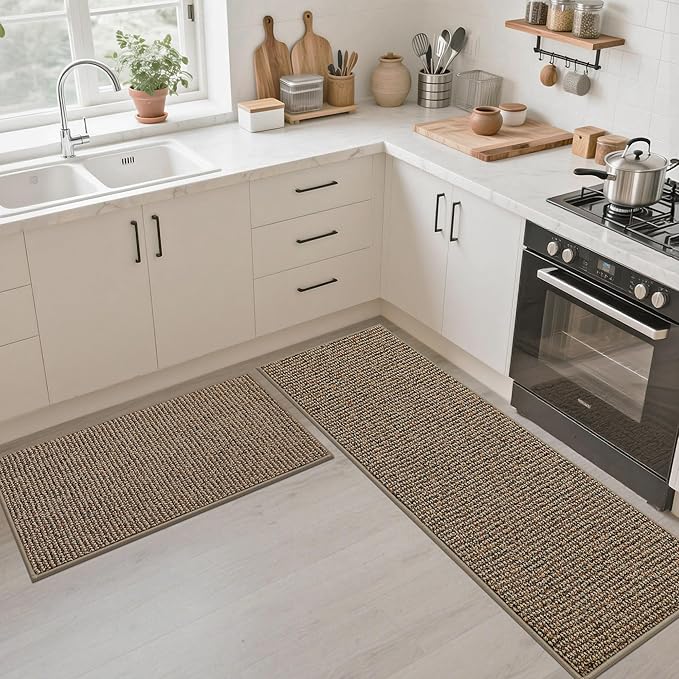 JSEI Kitchen Rugs and Mats, 2PCS Non-Slip Kitchen Mats for Floor, Machine Washable Absorbent and Stain Resistant Kitchen Runner, Carpet Mats with TPR Backing, 17''x30''+17''x60'', Taupe