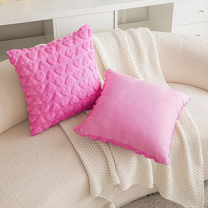 AQOTHES Set of 2 Heart Love Cute Hot Pink Decorative Valentines Throw Pillow Covers 18x18, Soft Plush Faux Fur Pillow Covers for Couch Sofa Home Valentines Day Decoration