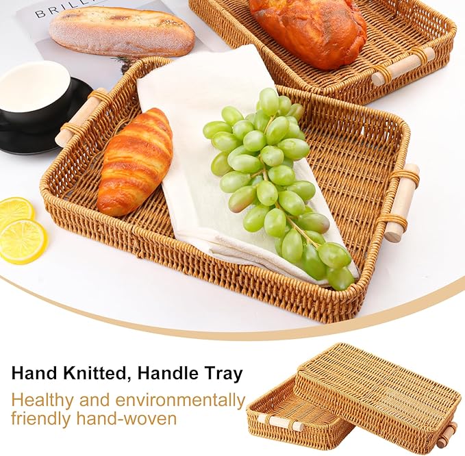 3 Pack 13.8 x 9.8 inch Rectangle Rattan Tray, Rectangle Woven Serving Basket with Handles, Storage Rattan Serving Trays for Home, Restaurant & Hotel Use, Durable & Easy-Cleaning