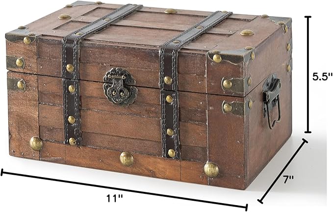 SLPR Alexander Small Wooden Treasure Chest - 11" x 7" x 5.5", Wood Storage Box with Hinged Lid, Decorative Trunk for Keepsakes, Vintage Pirate Chest for Classroom