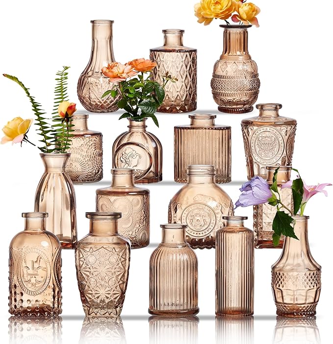Glass Bud Vases Set of 16 - Amber Assorted Small Mini Glass Vases for Flowers, Crystal Vintage Vase Set, Bulk Centerpieces for Table Décor, Wedding, Home and Events (Amber, 16 Pcs)