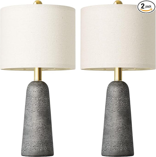 BOBOMOMO 21" Modern Table Lamps Set of 2, Gray Resin Lamp with Stone Look, Small Bedside Lamps for Bedroom, Contemporary Nightstand Lamps with Linen Shades, Small Lamp for Nursery, Entryway