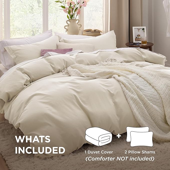Bedsure Oat Milk Duvet Cover Queen Size - 3 Pieces Prewashed Cotton-Like Extra Soft Bedding Set, Includes 1 Duvet Cover 90x90 Inches with Zipper Closure & 2 Pillow Shams, Comforter Not Included