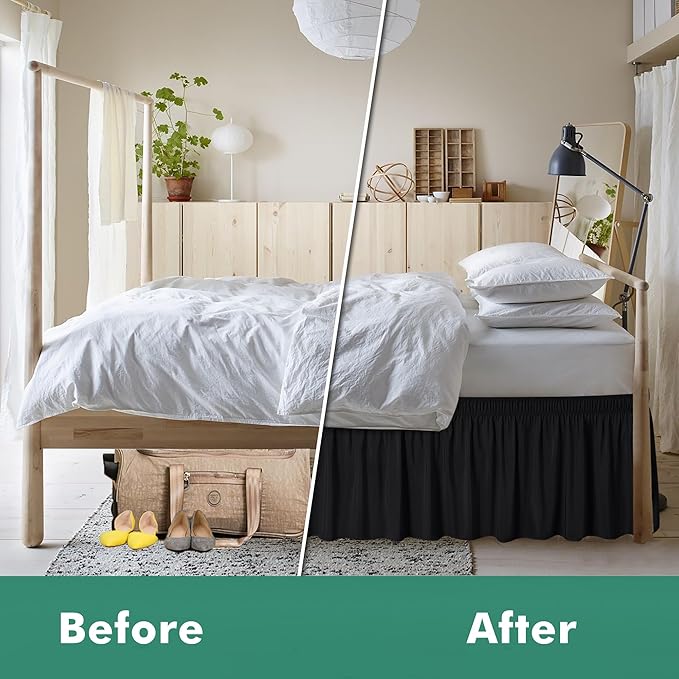 Biscaynebay Wrap Around Bed Skirts with Split Corners for Full Beds 15" Drop, Black Adjustable Elastic Dust Ruffles Easy Fit Wrinkle Resistant Silky Luxurious Fabric Machine Washable
