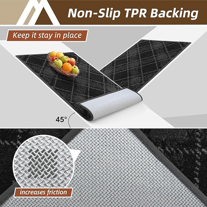 COSY HOMEER Kitchen Rugs and Mats Sets 2PCS Non-Slip Soft Kitchen Mats for Floor Absorbent and Stain Resistant Kitchen Floor Mat Washable Plaid Rugs for Kitchen,24"x36"+24"x60",Dark Grey