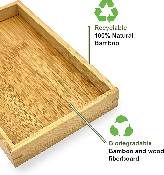 Bam & Boo Natural Bamboo Serving Tray Modern Rectangular (Bamboo, 11” x 7.5" x 1.2") for Food, Drinks, Decor, Vanity in Home, Kitchen, Bathroom, Coffee Table, Bed