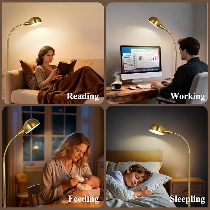 LANICHO Floor Lamp for Living Room, 63" Standing Lamp with Adjustable Gooseneck, 3 Color Temperatures, Industrial Gold Floor Lamp Reading for Bedroom, Office, 9W LED Bulb