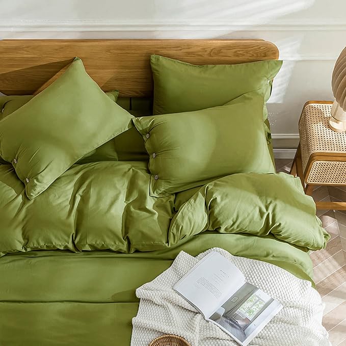 JELLYMONI Christmas Duvet Cover Twin Size - Avocado Green Comforter Cover with Button 100% Washed Cotton 2PCS Breathable Soft Solid Bedding Set Duvet Cover 68×90in & 1 Pillowcase (NO Comforter)