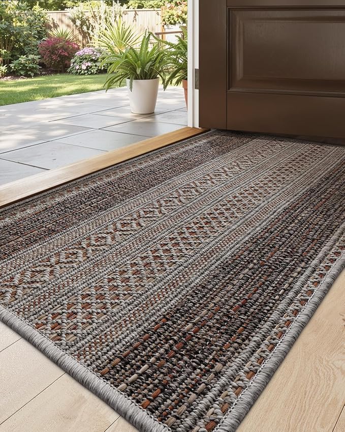 DEXI Dirt Trapper Door Mat, 20x31 Washable Doormat, Dirt Resistant and Absorbent, Easy Clean Low-Profile Floor Rugs for Entryway, Front Door, and Inside Entrance, Striped Brown