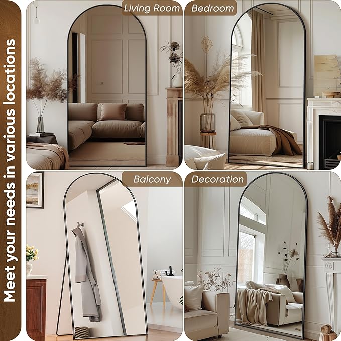 Antok Full Length Mirror, 71"x26" Floor Mirror with Stand, Hanging Mounted Mirrors for Bedroom, Living Room, Cloakroom, Dining Room, Black, Arched