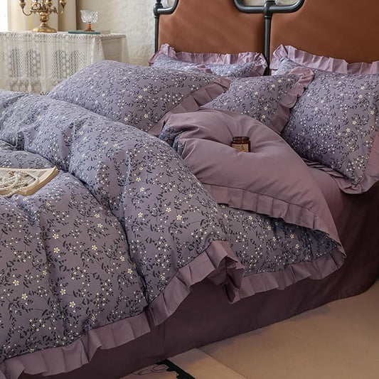 LifeTB Vintage Daisy Flower Duvet Cover Queen 100% Cotton Purple Ruffle Comforter Cover Floral Aesthetic Duvet Cover Romantic Princess Bedding Set Girls Lace Comforter Cover Queen with 2 Pillowcases