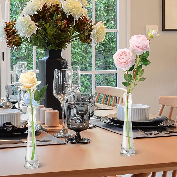 Sliner 6 Pcs Tall Glass Bud Vase for Centerpieces Clear Maria Bud Vase Small Single Flower Vase Rose Skinny Decorative Cylinder Vases for Wedding Party Home Table Decorations(9.84'' H)
