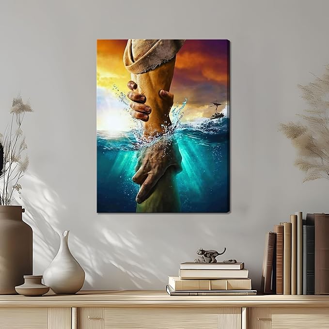 Framed Jesus Christian Canvas Wall Art, The Hand of God Jesus Reaching Into Water Religious Wall Decor Paintings, Blue Ocean Bible Pictures Posters Prints for Church Living Room Bedroom 16x24 Inch