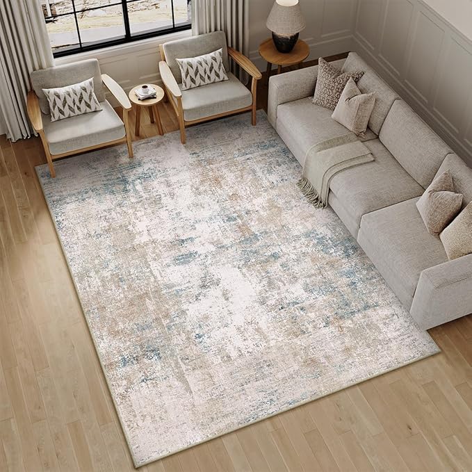 WondRg 5x7 Washable Area Rug Beige Blue Abstract Living Room Bedroom Throw Rug Neutral Modern Non Slip Soft Low Pile Carpet for Kitchen Dining Room Office Entryway