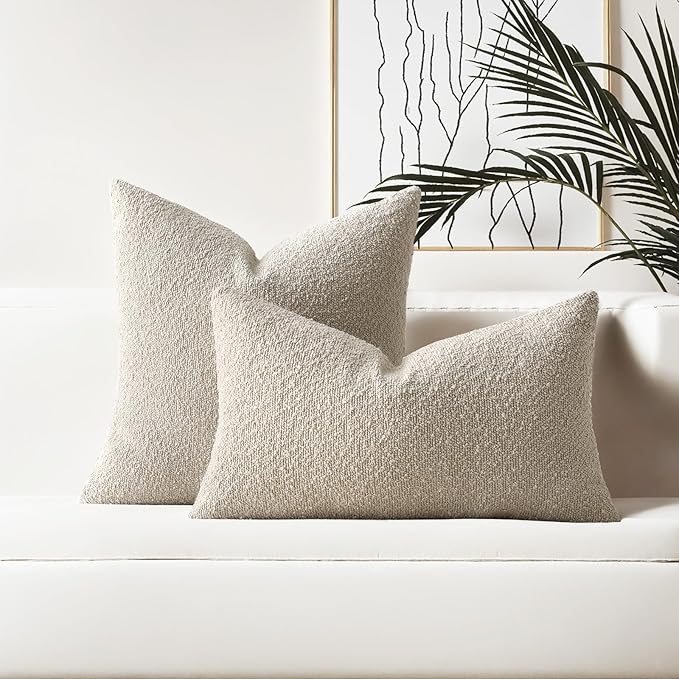HAUSSY Set of 2 12x20 Decorative Throw Pillow Covers, Soft Cozy Textured Boucle Lumbar Pillow Cases, Home Decor for Couch Bed Living Room, Beige