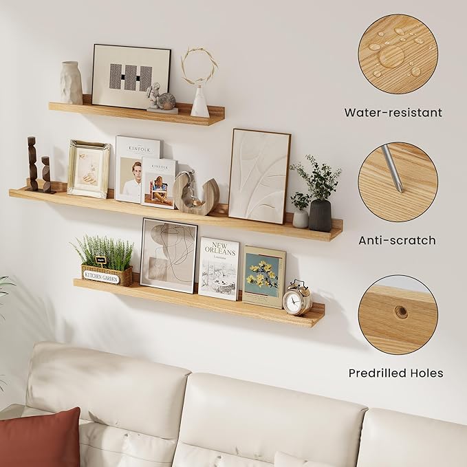 Solid Ash Wood Picture Ledge Shelf, 24 Inch Wood Floating Shelves with Lip Set of 2, Photo Ledge Shelf Nursery Bookshelf Wall Mounted for Living Room Bedroom Decor, Natural