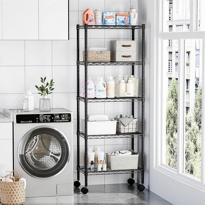 DUMOS 5 Tier Metal Shelving, Heavy Duty Shelves Wire Shelving Unit with Removable Wheel Casters, Shelves Organizer for Bathroom Garage Living Room Kitchen Pantry Laundry