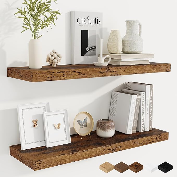Fun Memories 9.3Inch Deep Floating Shelves for Wall, 30 Inch Rustic Wood Wall Mounted Shelves for Bathroom, Bedroom, Kitchen, Deep Floating Shelf for Storage & Home Decor (Brown, Set of 2)