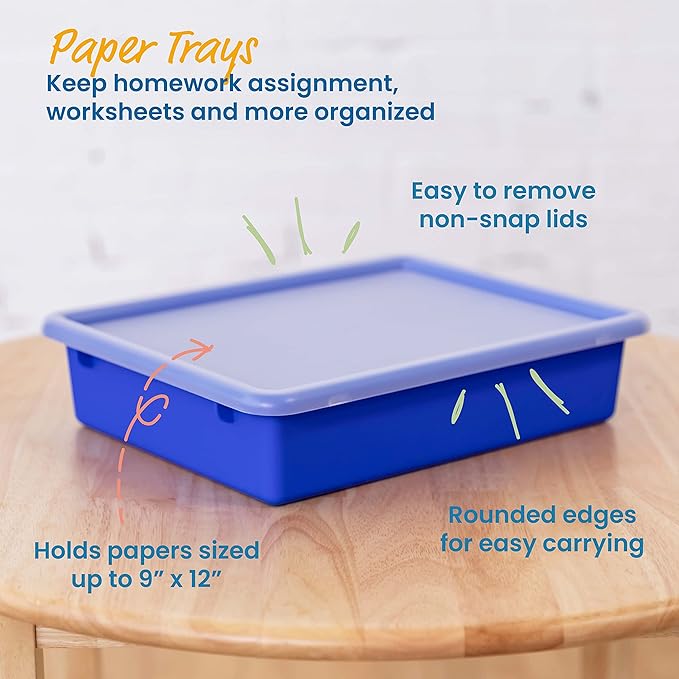 ECR4Kids Letter Size Tray with Lid, Storage Bin, Blue, 10-Piece