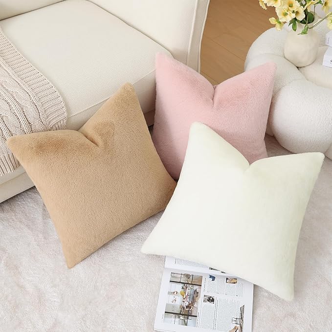 Pallene Faux Fur Plush Throw Pillow Covers 22x22 Set of 2, Soft Fluffy Couch Pillow Covers for Living Room, Khaki