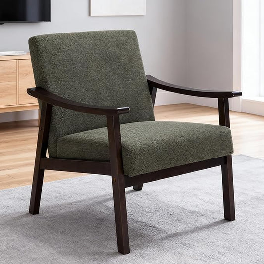 Hjaustevy Corduroy Accent Chair, Mid Century Modern Armchair, Living Room Chairs with High Back Upholstered, Lounge Chair with Solid Wood Frame & Soft Cushion for Bedroom, Reading Room, Olive Green