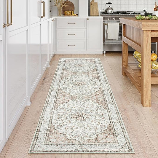 Lahome Boho Runner Rug,2.5x8 Non-Slip Hallway Carpet Runner with Rubber Backing,Terracotta Kitchen Runner Rugs Non Skid Washable,Oriental Vintage Thin Runner for Entryway Bathroom,(8ft,Terracotta)