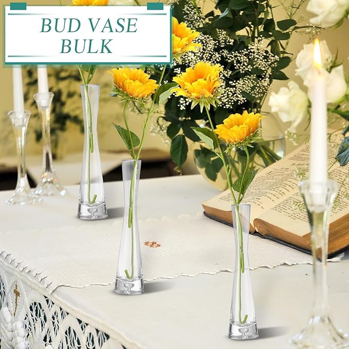 Sliner 6 Pcs Tall Glass Bud Vase for Centerpieces Clear Maria Bud Vase Small Single Flower Vase Rose Skinny Decorative Cylinder Vases for Wedding Party Home Table Decorations(9.84'' H)