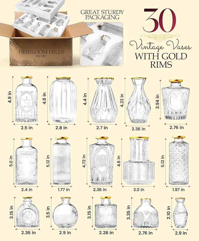 30 Pcs Premium Clear Bud Vases with Gold Rims - Small Bud Vases in Bulk for Table & Wedding Decor - Mini Vases for Flowers, Centerpieces and Home Decorations - Event Styling Vintage Vases