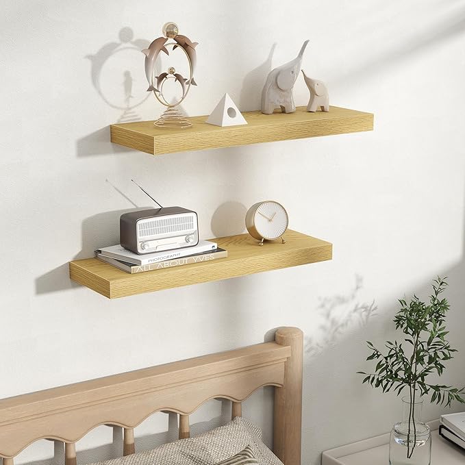 Fun Memories Rustic Wood Floating Shelves for Wall, Space-Saving Wall Mounted Shelves for Bathroom, Bedroom, Living Room and Kitchen, Stylish Storage & Display (Set of 2, Oak, 24 in)