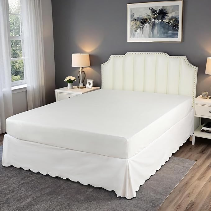 HIG Off-White Chic King Bed Skirt - Easy Fit Scallop Edge Pleated Bedskirts, 14 Inch Drop Anti-Slip Dust Ruffle, Thick Fabric for Enhanced Privacy, Pre-Washed for Long-Lasting Use(N60022)