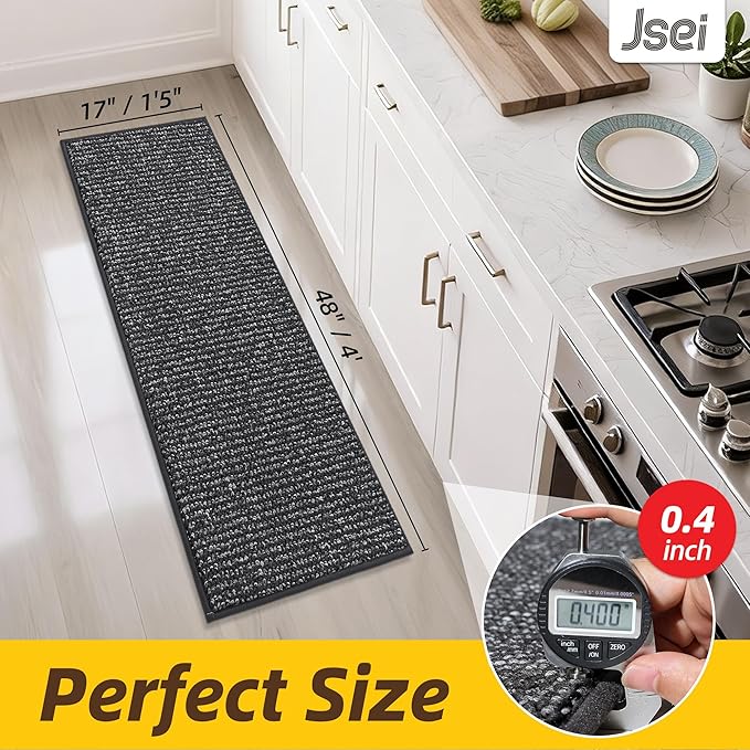 JSEI Kitchen Runner Rugs, 17''x48'' Non-Slip Kitchen Mats for Floor, Machine Washable Absorbent and Stain Resistant Kitchen Rug, Carpet Mats with TPR Backing for Kitchen, Charcoal