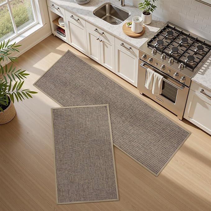 PADOOR Kitchen Rug Sets Non Slip, Washable Kitchen-Mats for Floor Absorbent Runner Rug for Kitchen, Kitchen Floor Mat for Hallway Laundry 17"x30"+17"x47" Brown