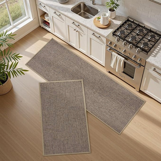 PADOOR Kitchen Rug Sets Non Slip, Washable Kitchen-Mats for Floor Absorbent Runner Rug for Kitchen, Kitchen Floor Mat for Hallway Laundry 17"x30"+17"x47" Brown