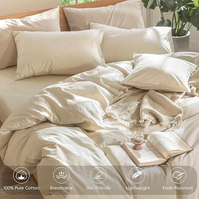 MooMee Bedding Duvet Cover Set 100% Washed Cotton Linen Like Textured Breathable Durable Soft Comfy (Heathered Almond Milk Grey, Twin 68"x90")
