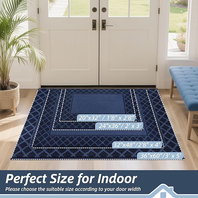 BEQHAUSE Door Mat Dirt Trapper Non Slip Entryway Rugs Absorbent Welcome Mat Low Profile Washable Front Door Mat for Muddy Paws,Entrance,Hallway, 24" x 36",Navy Blue