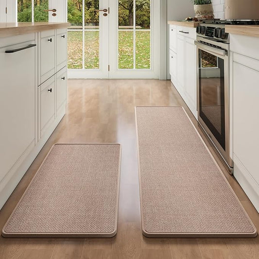 Kitchen Mat Kitchen Rugs Sets of 2 PCS Non Slip Washable, Linen-Like 0.3" Thick Cushioned Absorbent Kitchen Mats for Floor, Mild Anti-Fatigue Sink Laundry Standing Mat, Brown 17"x30"+17"x59"