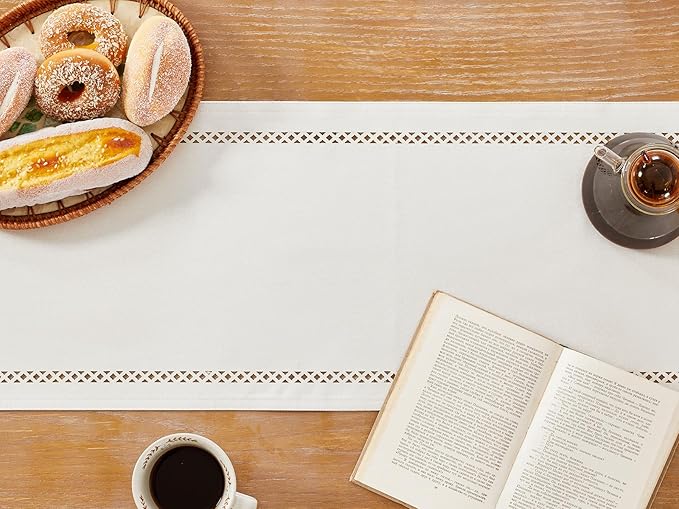 Burlap Style Farmhouse Table Runner, 13 x 36 Inch Off White, Rustic Geometric Hollow Table Runners 36 Inches Long for Dresser Table Everyday Use, 13x36 Inches, Off White