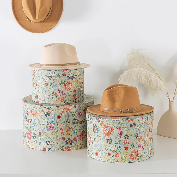 Soul & Lane Botanica Bliss Green Round Hat Boxes with Lids - Set of 3 Nesting Cardboard Hat Storage, Boho Floral Print Cases, Circle Stacking Decorative Keepsake Boxes