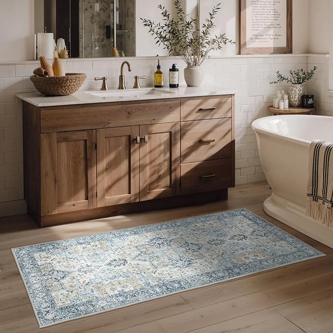 BESBLEE Runner Rug 2'6''x5,Non Slip Vintage Machine Washable Runner Rug, Low Pile Lighrweight Rugs for Entryway, Hallway, Kitchen and Corridor, Blue