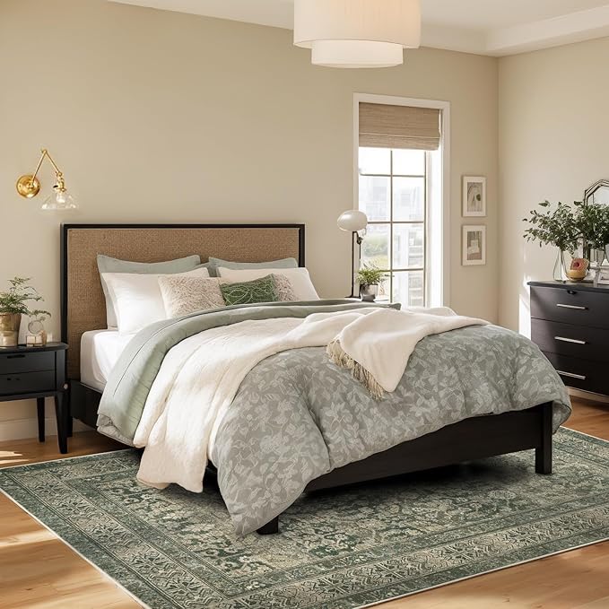Dotiiorug Vintage Washable Area Rug for Living Room,Low Pile 8x10 Non Slip Carpet Non-Shedding Area Rug Soft Indoor Stain Resistant Rug Floral Print Mat for Bedroom Dining Room Green