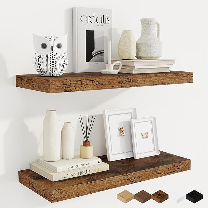 Fun Memories 24 Inch Floating Shelves, 9.3 Inch Deep Rustic Wall Shelves - Extra Deeper Wall Mounted Storage Shelves for Bathroom, Kitchen, Living Room (Brown, Set of 2)