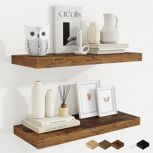 Fun Memories 24 Inch Floating Shelves, 9.3 Inch Deep Rustic Wall Shelves - Extra Deeper Wall Mounted Storage Shelves for Bathroom, Kitchen, Living Room (Brown, Set of 2)
