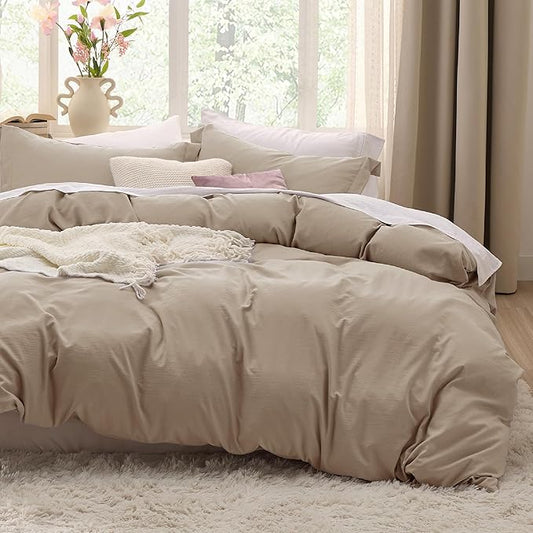 Bedsure Deep Beige Duvet Cover Twin/Twin XL Size - 2 Pieces Prewashed Cotton-Like Extra Soft Bedding Set, Includes 1 Twin Duvet Cover 68x90 Inches with Zipper Closure & 1 Pillow Sham, No Comforter