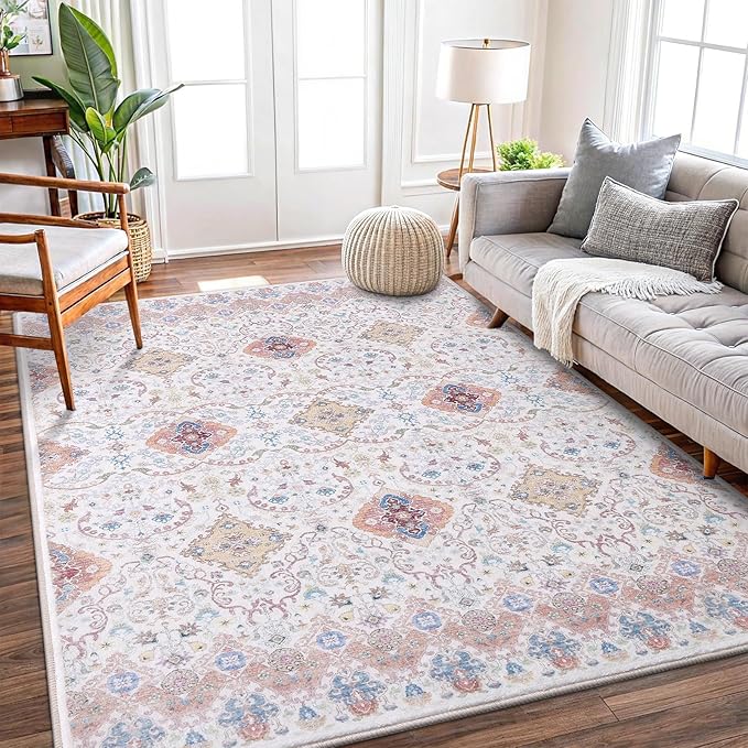 Vanmoos 4x6 Area Rug - Machine Washable, Non-Slip Soft Carpet for Living Room, Bedroom, Office, Dining Room - Durable Accent Rug for Farmhouse & High-Traffic Areas, Charm/Beige